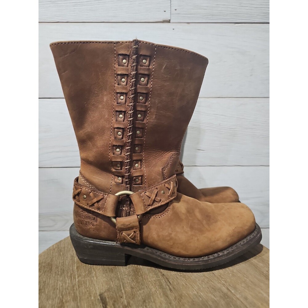 Harley-Davidson Auburn Harness Boots Womens 8M Brown Leather Studded Moto D85432 - Picture 2 of 10